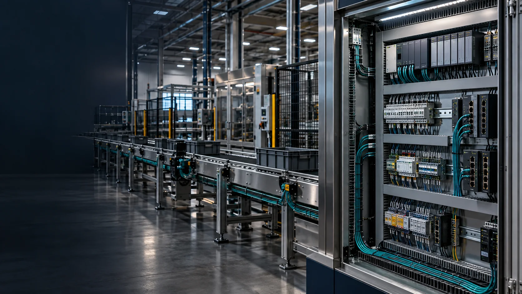 Industrial controls illustration: PLC cabinet and connected equipment