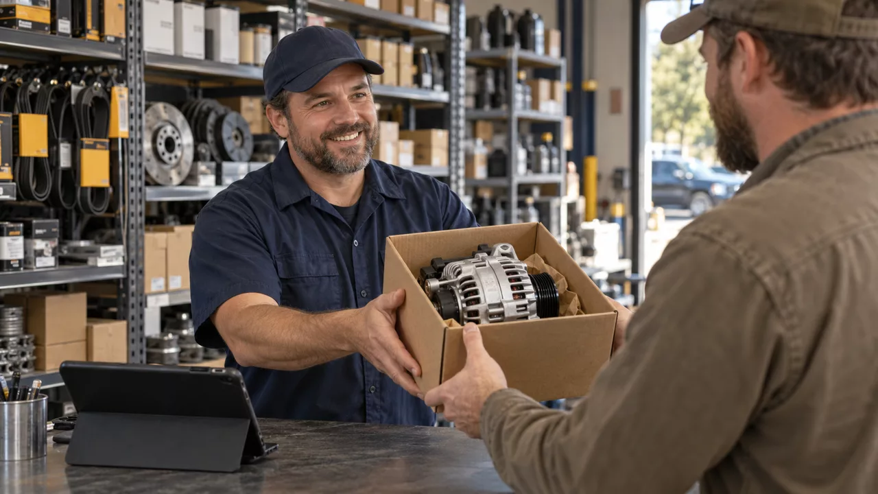 Illustrative automotive parts sourcing and customer service scene